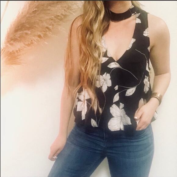 SMYM MuMu Mock Neck Casey Collar Top Black White Floral Swing Tank Blouse L - Picture 3 of 9